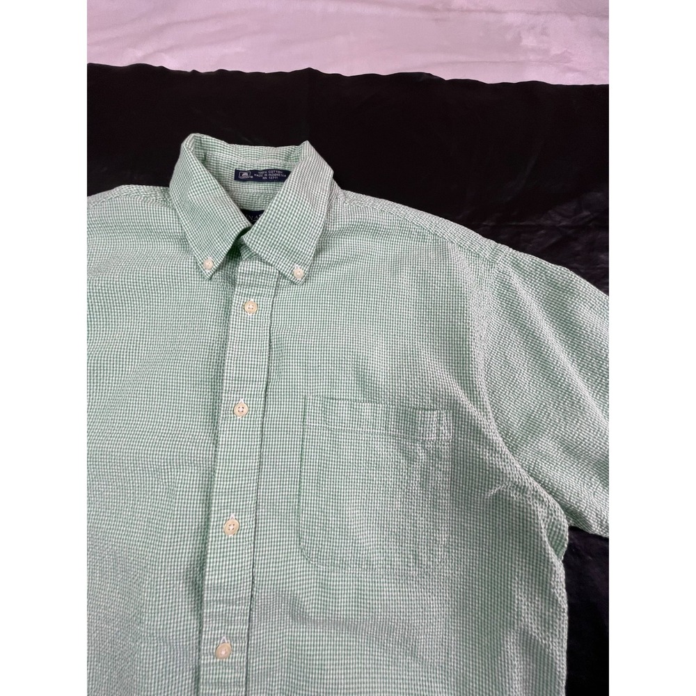 VTG John Ashford Mens M Shirt Green Check Seersucker 100% Cotton Button‎ Down SS - Picture 2 of 8